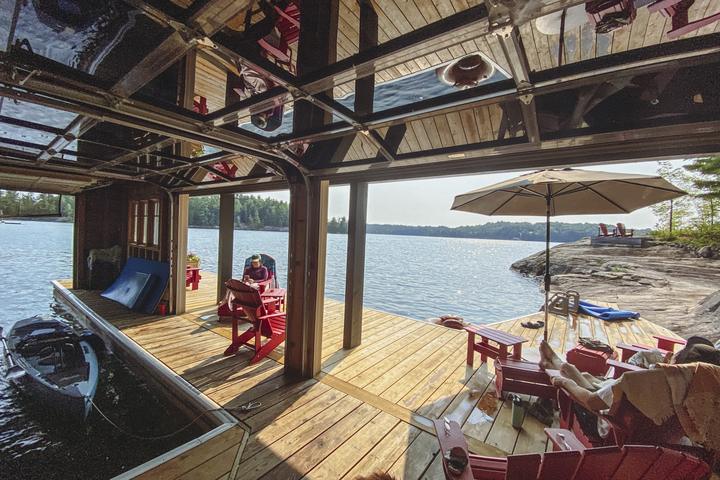 Lower boathouse and dock, open to the lake