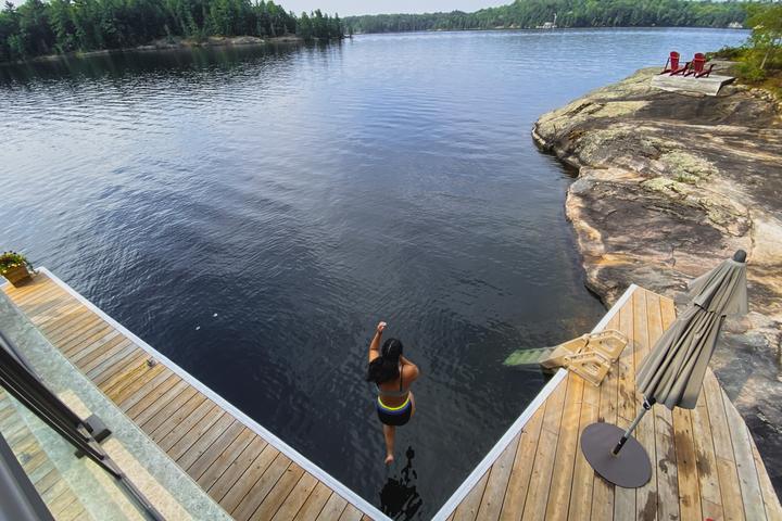 Jumping off the dock into deep water