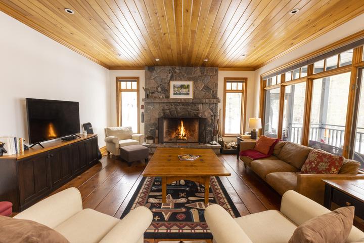 Living room with the fireplace lit